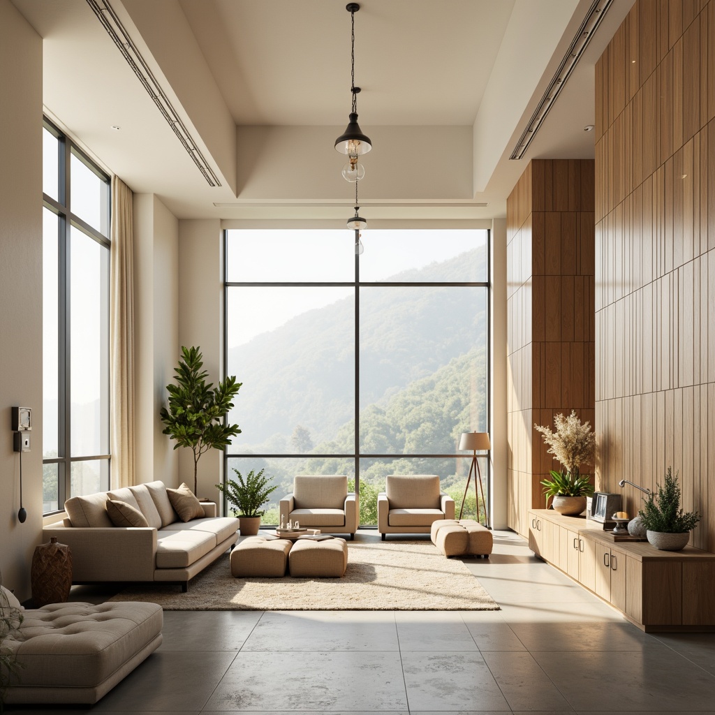 Prompt: Calming living room, soft cream walls, minimalist furniture, sleek low-profile sofas, tufted ottomans, floor-to-ceiling windows, natural light pouring in, subtle wood accents, polished concrete floors, sparse greenery, elegant chandeliers, warm ambient lighting, shallow depth of field, 1/1 composition, cinematic view, realistic textures, ambient occlusion.