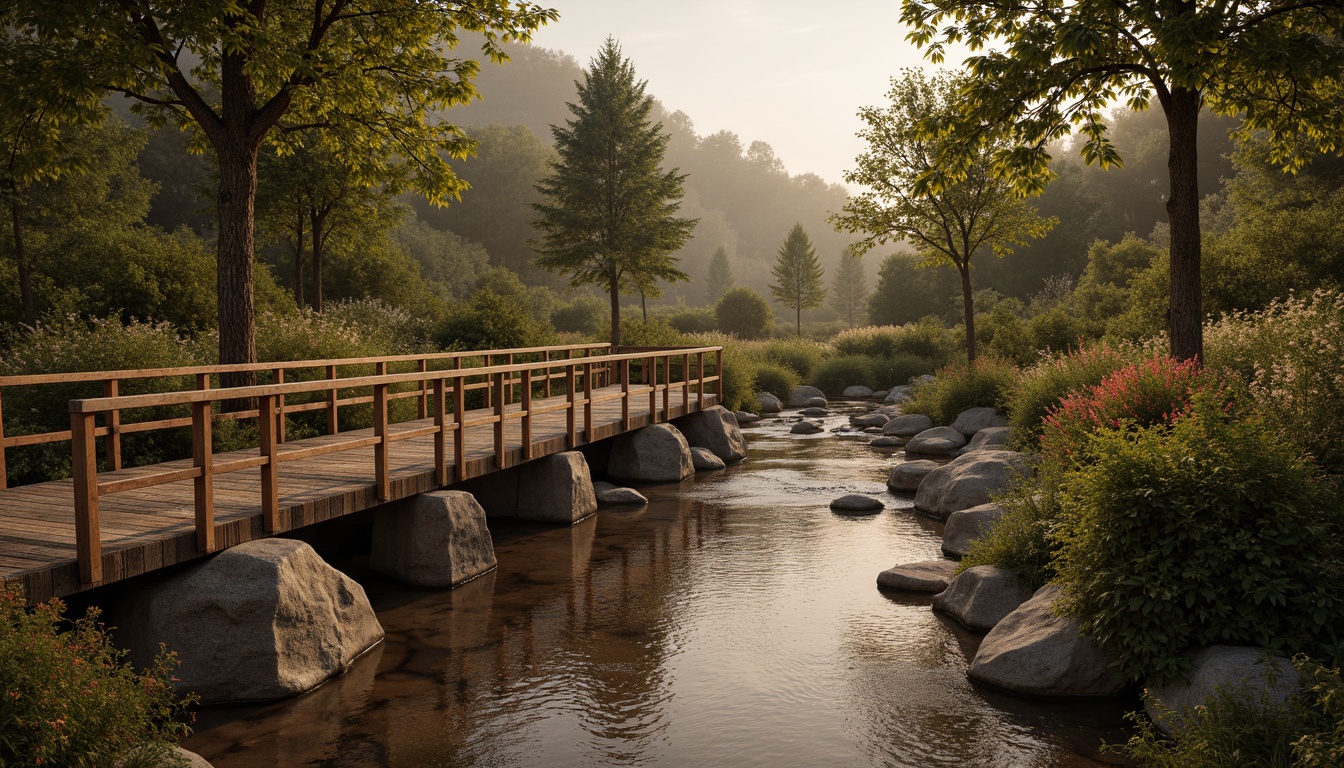 Prompt: Rustic wooden bridges, warm earthy tones, sienna red hues, natural stone foundations, lush greenery surroundings, serene river views, soft misty atmosphere, gentle water flow, weathered wooden planks, aged metal railings, vibrant wildflowers, moss-covered rocks, subtle warm lighting, shallow depth of field, 1/2 composition, realistic textures, ambient occlusion.