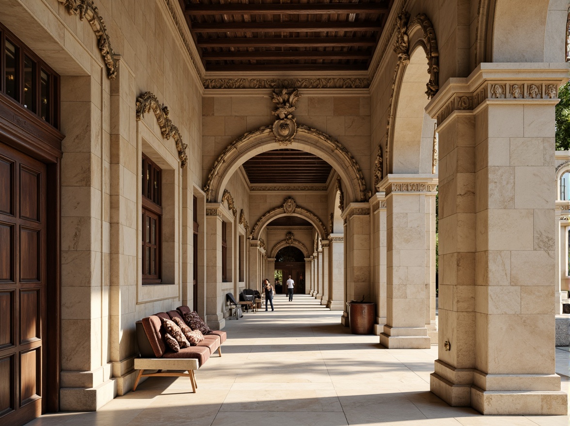 Prompt: Intricate stone carvings, ornate moldings, classical columns, grand archways, symmetrical facades, creamy marble floors, rustic brick walls, smooth limestone surfaces, ornamental metalwork, patinaed copper details, subtle gradations of tone, soft diffused lighting, atmospheric perspective, 1/2 composition, realistic textures, ambient occlusion.