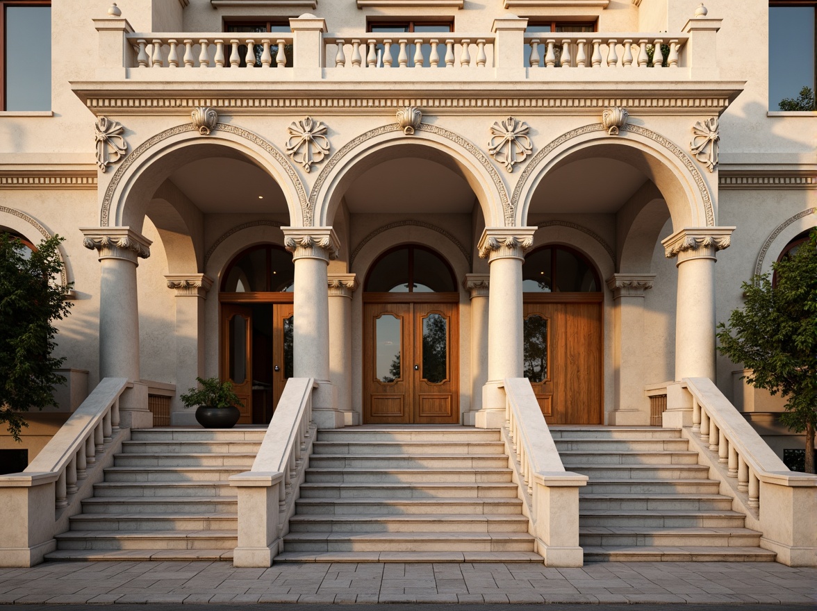 Prompt: Grandiose building facade, ornate columns, intricately carved details, classical arches, symmetrical composition, elegant proportions, soft beige stone texture, rusticated base, ornamental balustrades, grand entrance with double doors, majestic staircases, subtle lighting accents, warm golden hour lighting, shallow depth of field, 1/1 composition, realistic renderings, ambient occlusion.