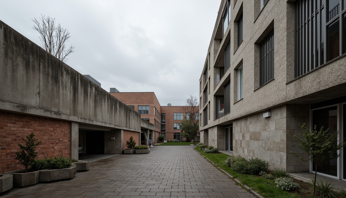 Prompt: Rough-hewn concrete walls, brutalist architecture, fortress-like buildings, rugged stone facades, weathered steel beams, industrial materials, urban campus setting, overcast skies, dramatic shadows, high-contrast lighting, bold geometric forms, monumental scale, raw unfinished surfaces, utilitarian aesthetics, functional simplicity, institutional atmosphere, academic environments, modernist influences, brutalist ideology.