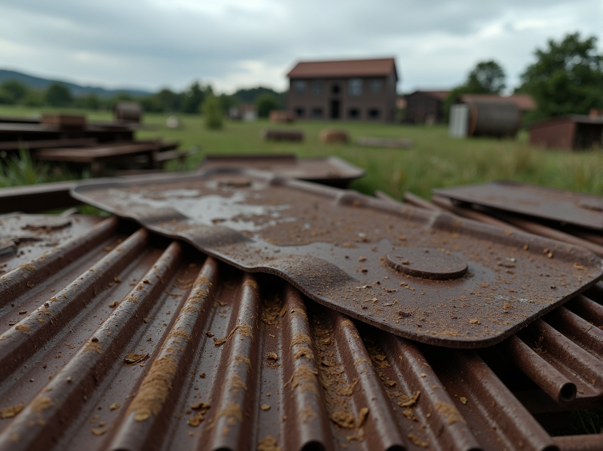 Prompt: Weathered corrugated iron sheets, rusty patina, industrial aesthetic, distressed metal texture, rugged surface, weather-beaten appearance, worn edges, faded color palette, rural landscape, countryside scenery, abandoned factory setting, overcast sky, soft diffused lighting, cinematic composition, shallow depth of field, 2.35