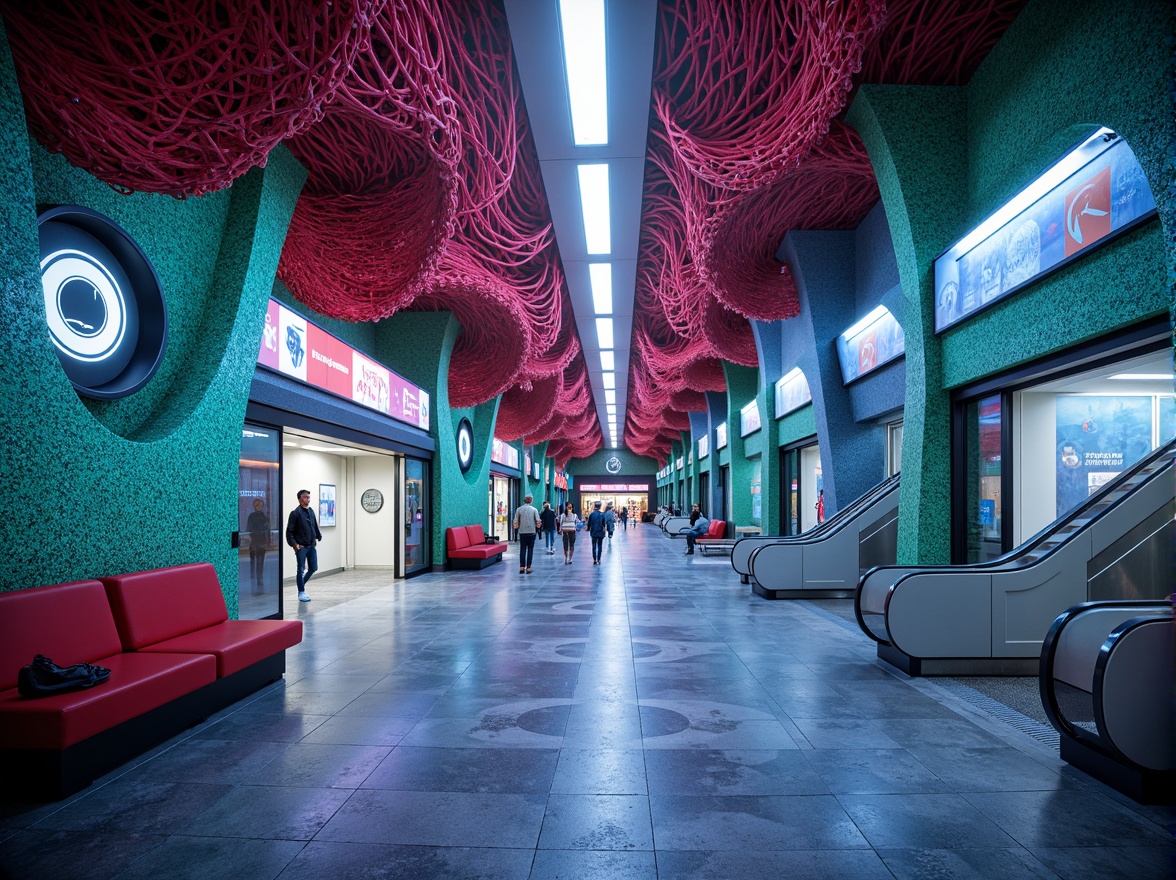 Prompt: Vibrant metabolism-inspired metro station interior, undulating curves, bioluminescent lighting, organic textures, futuristic tunnel vision, dynamic escalators, sleek modern seating, minimalist signage, holographic advertisements, atmospheric misting system, sustainable energy harvesting, kinetic floor patterns, iridescent color schemes, 3D-printed architecture, parametric design, immersive digital art installations, shallow depth of field, panoramic view.