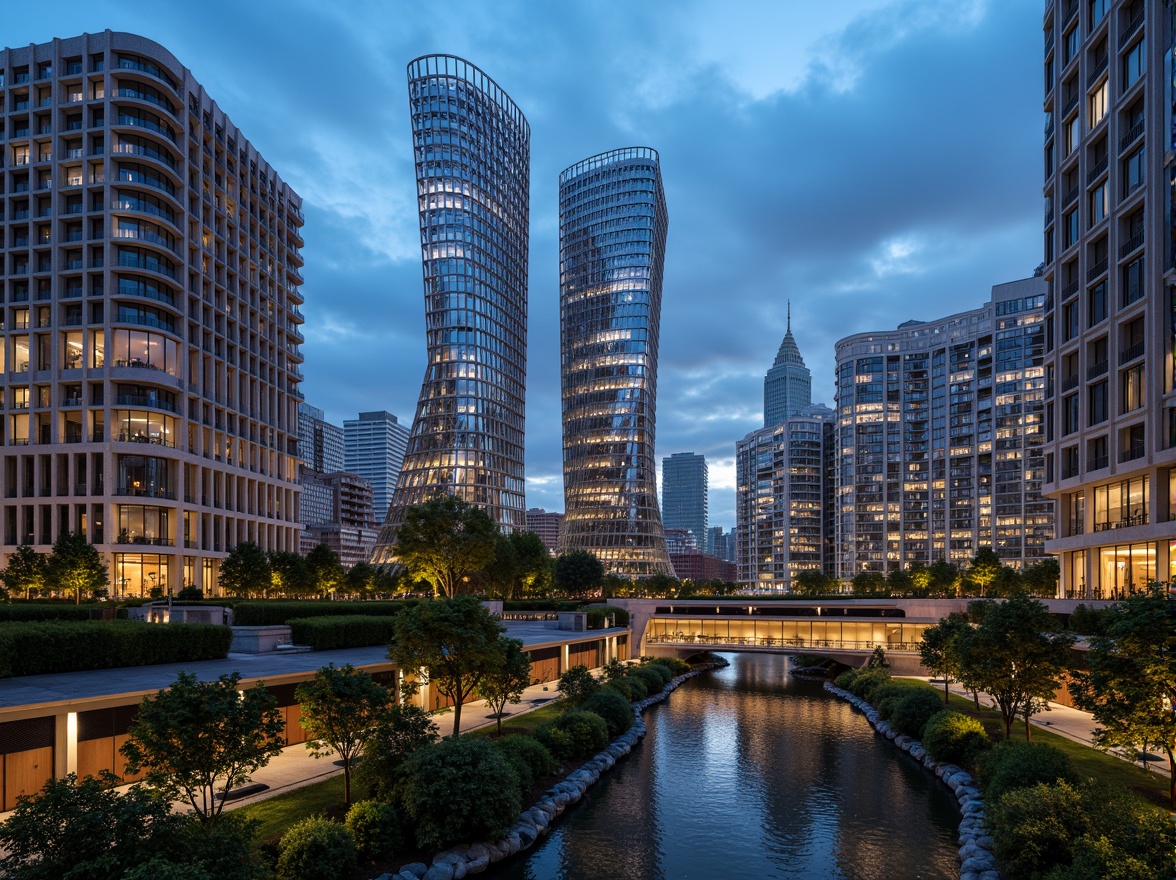 Prompt: Futuristic cityscape, curved skyscrapers, metallic reflections, urban parks, pedestrian walkways, green roofs, innovative water management systems, sleek bridges, modern streetlights, vibrant nighttime lighting, shallow depth of field, 1/2 composition, panoramic view, realistic textures, ambient occlusion.