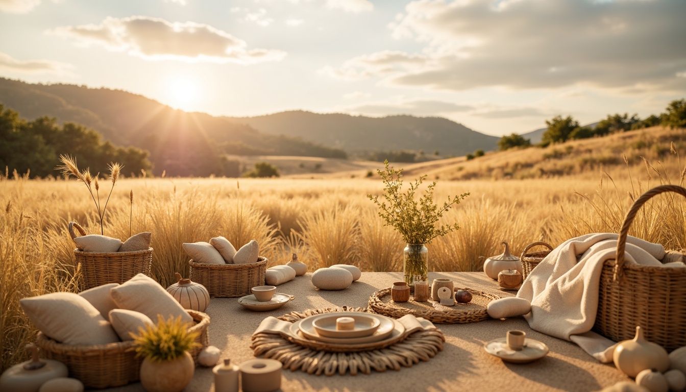 Prompt: Warm wheat fields, golden hues, soft beige tones, natural textures, organic shapes, earthy atmosphere, rustic charm, vintage accents, distressed wood, woven baskets, linen fabrics, sun-kissed landscape, rolling hills, peaceful ambiance, warm sunny day, soft focus, 1/1 composition, realistic rendering, ambient occlusion.