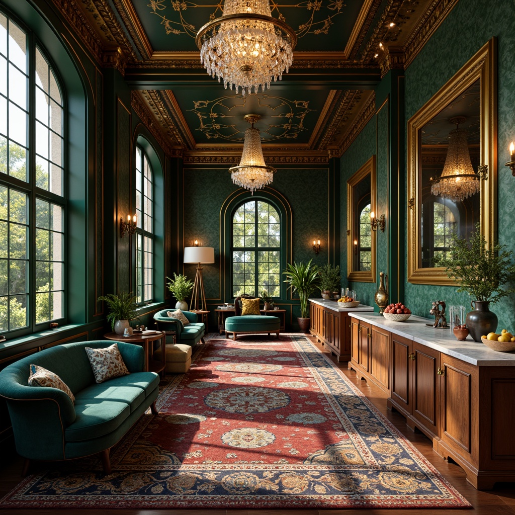 Prompt: Richly ornamented interior, malachite green accent walls, luxurious velvet sofas, intricately patterned rugs, ornate gold frames, lavish chandeliers, crystal droplets, opulent marble countertops, exotic wooden furniture, warm golden lighting, soft focus, shallow depth of field, 1/2 composition, realistic textures, ambient occlusion.