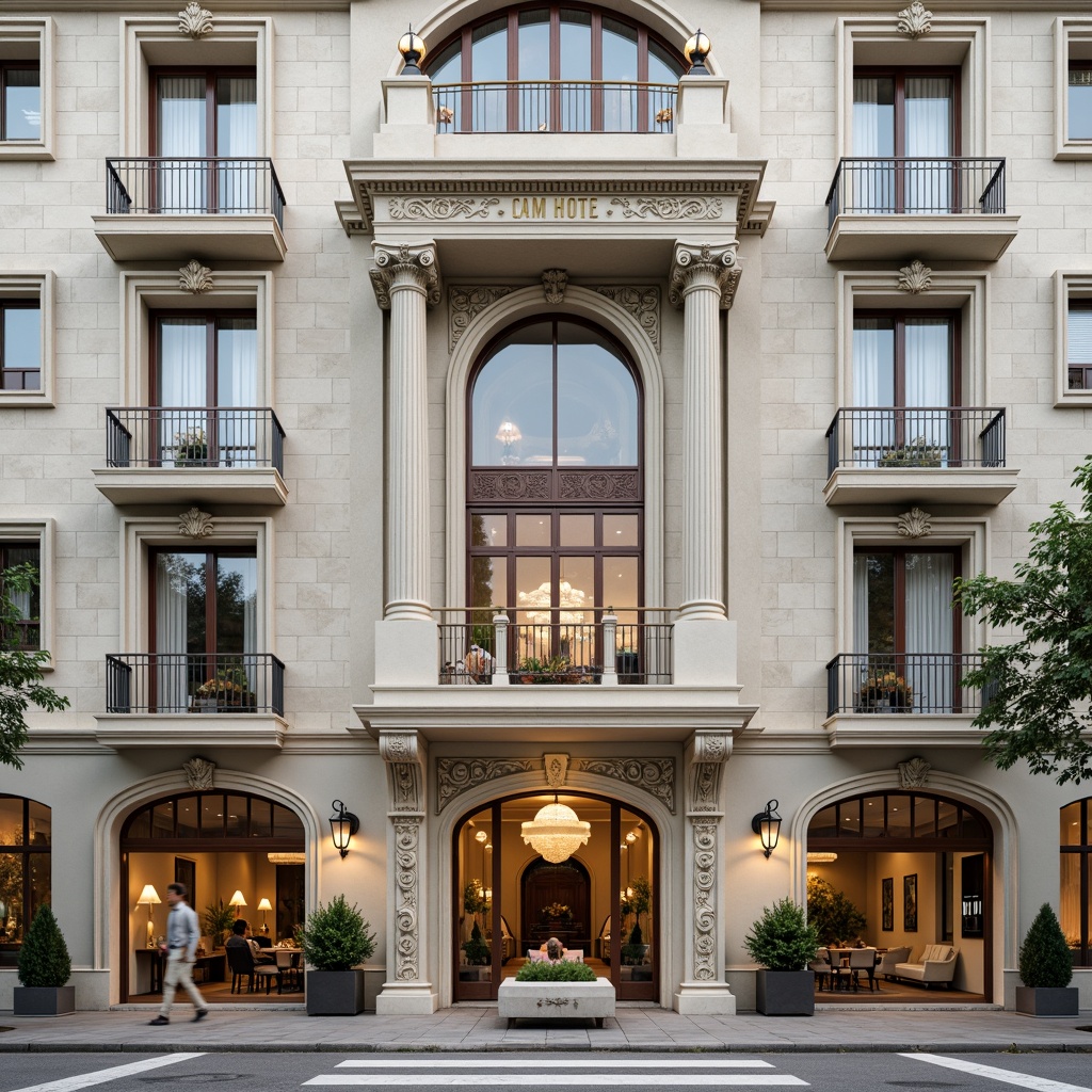 Prompt: Grandiose hotel facade, ornate details, Corinthian columns, symmetrical composition, rusticated stone walls, arched windows, decorative balconies, intricately carved doorways, opulent entrance, lavish ornamentation, neutral color palette, creamy whites, soft grays, golden accents, warm lighting, shallow depth of field, 2/3 composition, atmospheric perspective, realistic textures, subtle noise.