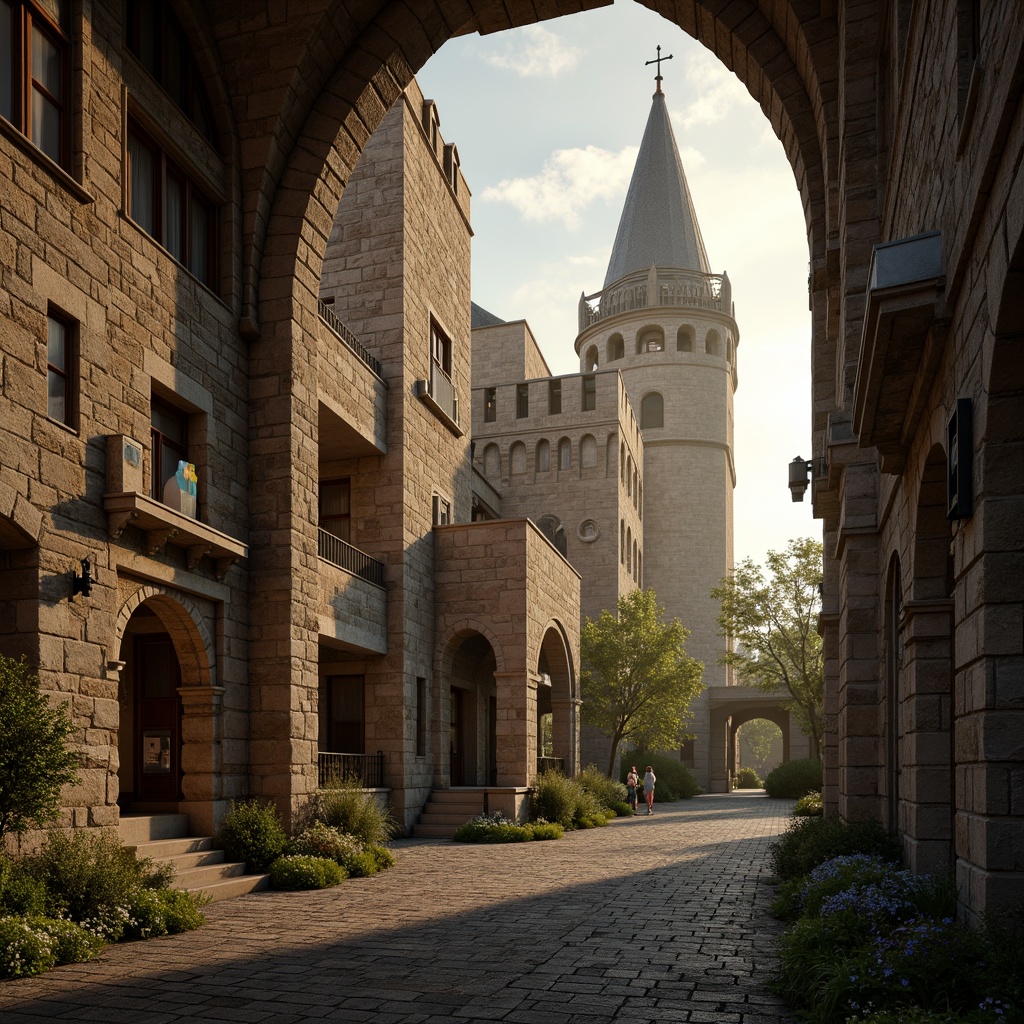 Prompt: Ancient stone castle, fortified walls, sturdy buttresses, Gothic arches, grand halls, majestic towers, medieval architecture, rustic stonework, weathered battlements, mystical atmosphere, warm golden lighting, dramatic shadows, 3/4 composition, symmetrical framing, realistic textures, ambient occlusion.