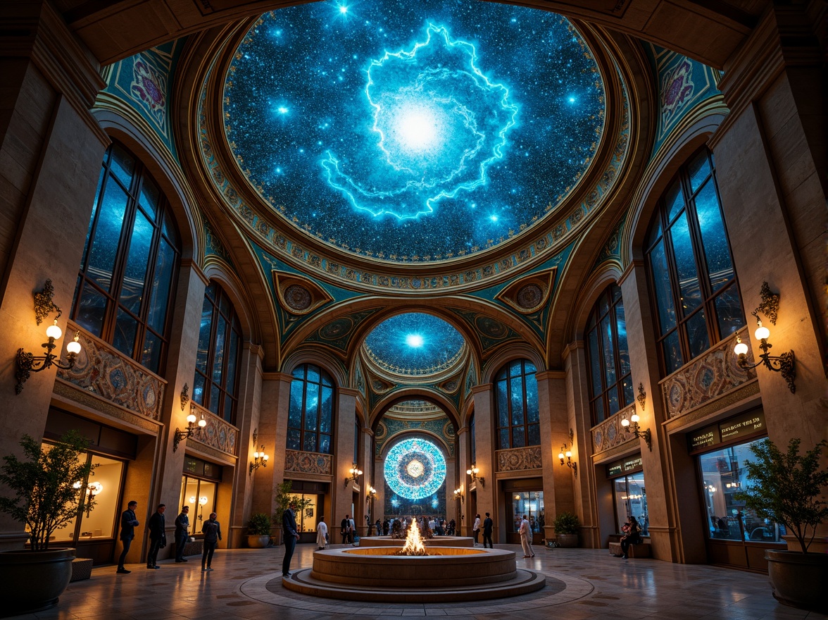 Prompt: \Cosmic planetarium, celestial bodies, starry night sky, rich jewel tones, deep blues, emerald greens, amethyst purples, gold accents, ornate details, Romanesque arches, grandiose architecture, intricate mosaics, stained glass windows, lavish chandeliers, mystical ambiance, soft warm lighting, dramatic shadows, 1/1 composition, symmetrical balance, realistic textures, ambient occlusion.\Please let me know if this meets your expectations!