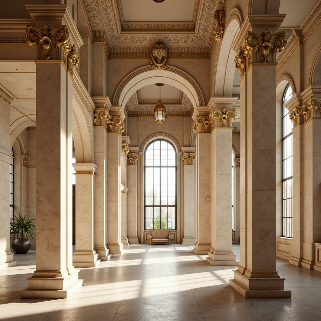 Prompt: Elegant neoclassical architecture, ornate columns, intricately carved details, richly textured stone walls, warm beige and ivory hues, subtle golden accents, soft creamy whites, muted earthy tones, ornamental moldings, refined symmetry, grandiose proportions, natural light pouring in through tall windows, dramatic shadows, atmospheric perspective, 1/2 composition, warm softbox lighting, highly detailed textures, ambient occlusion.