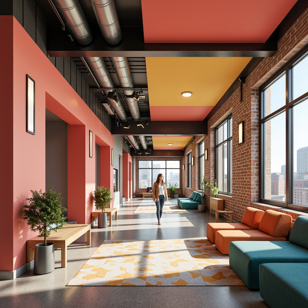 Prompt: Vibrant student halls, bold color blocking, bright coral walls, deep teal accents, creamy white furniture, rich wood tones, eclectic patterned rugs, modern minimalist decor, industrial chic lighting, exposed brick textures, urban cityscape views, sunny afternoon light, soft warm glow, shallow depth of field, 1/1 composition, realistic renderings, ambient occlusion.