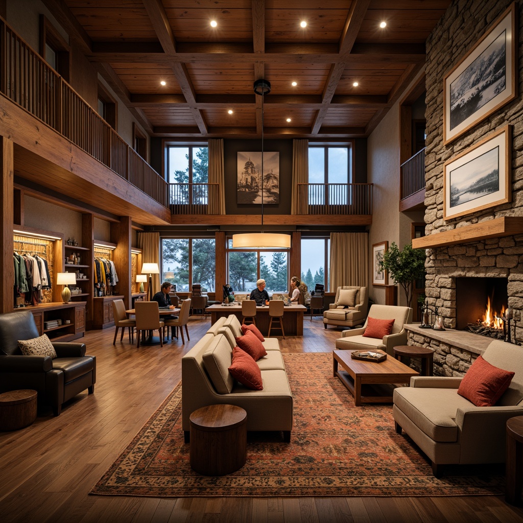 Prompt: Cozy ski lodge atmosphere, wooden accents, rustic stone walls, warm fireplaces, plush furnishings, comfortable seating areas, ski equipment displays, rental counters, locker rooms, heated flooring, wooden beams, earthy color schemes, ambient lighting, shallow depth of field, 1/1 composition, realistic textures, ambient occlusion.