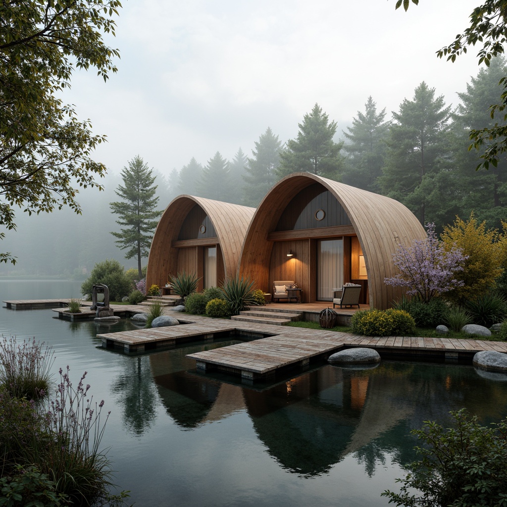 Prompt: Curved boathouse, organic shapes, natural materials, wooden accents, nautical ropes, porthole windows, sail-inspired rooflines, waterfront setting, misty morning, soft warm lighting, shallow depth of field, 1/2 composition, realistic water reflections, ambient occlusion, rustic dock, lush greenery, blooming flowers, serene lake views, gentle ripples, natural stone pathways.