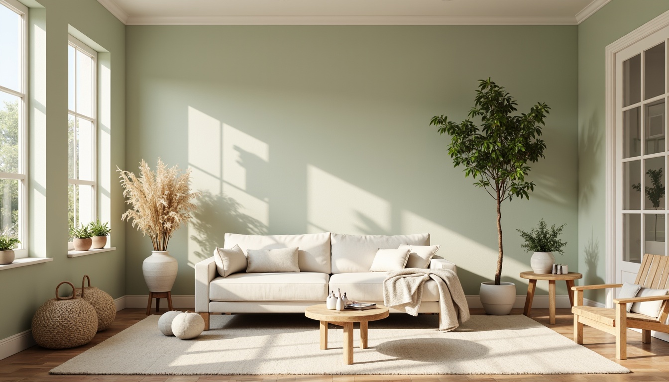 Prompt: Soft pale green walls, creamy white trim, warm beige furniture, natural wood accents, earthy terracotta floors, subtle linen textures, delicate floral patterns, airy open spaces, gentle morning light, soft focus, shallow depth of field, 1/1 composition, serene atmosphere, realistic rendering, ambient occlusion.