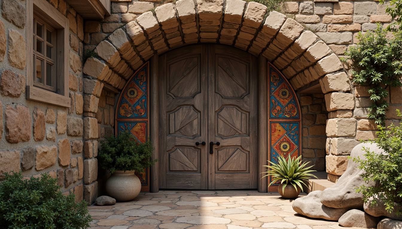 Prompt: Rustic stone walls, weathered wooden planks, distressed metal panels, ornate tilework, vibrant mosaic patterns, intricate carvings, rough-hewn boulders, natural rock formations, earthy tones, organic shapes, curvaceous lines, irregular textures, warm ambient lighting, shallow depth of field, 2/3 composition, detailed close-ups, realistic normal maps, subtle specular highlights.