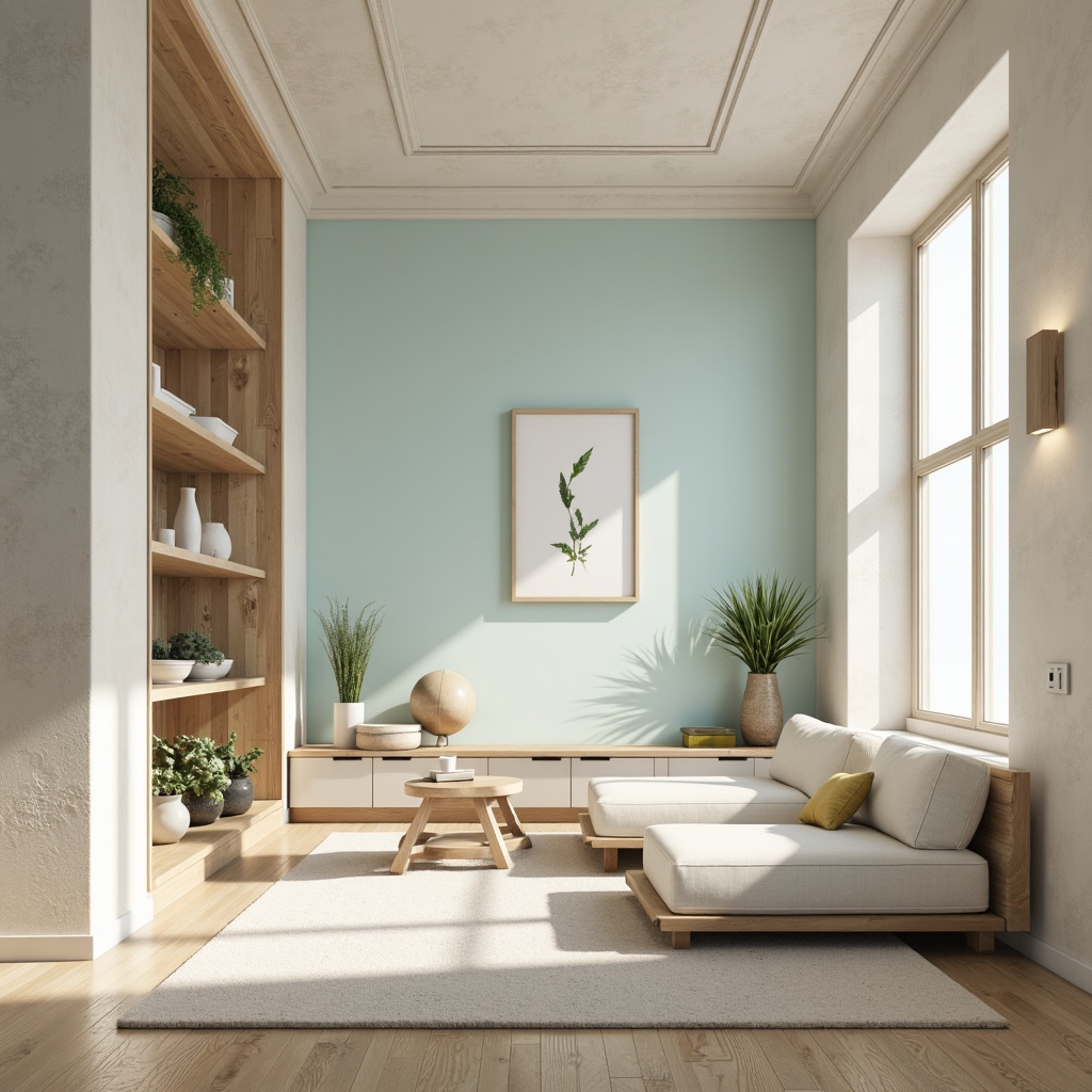 Prompt: Soft pastel hues, calming color harmony, gentle gradients, creamy whites, soothing blues, muted greens, warm beige tones, rich wood textures, natural stone accents, elegant minimalist decor, serene ambiance, softbox lighting, shallow depth of field, 1/1 composition, realistic renderings, ambient occlusion.