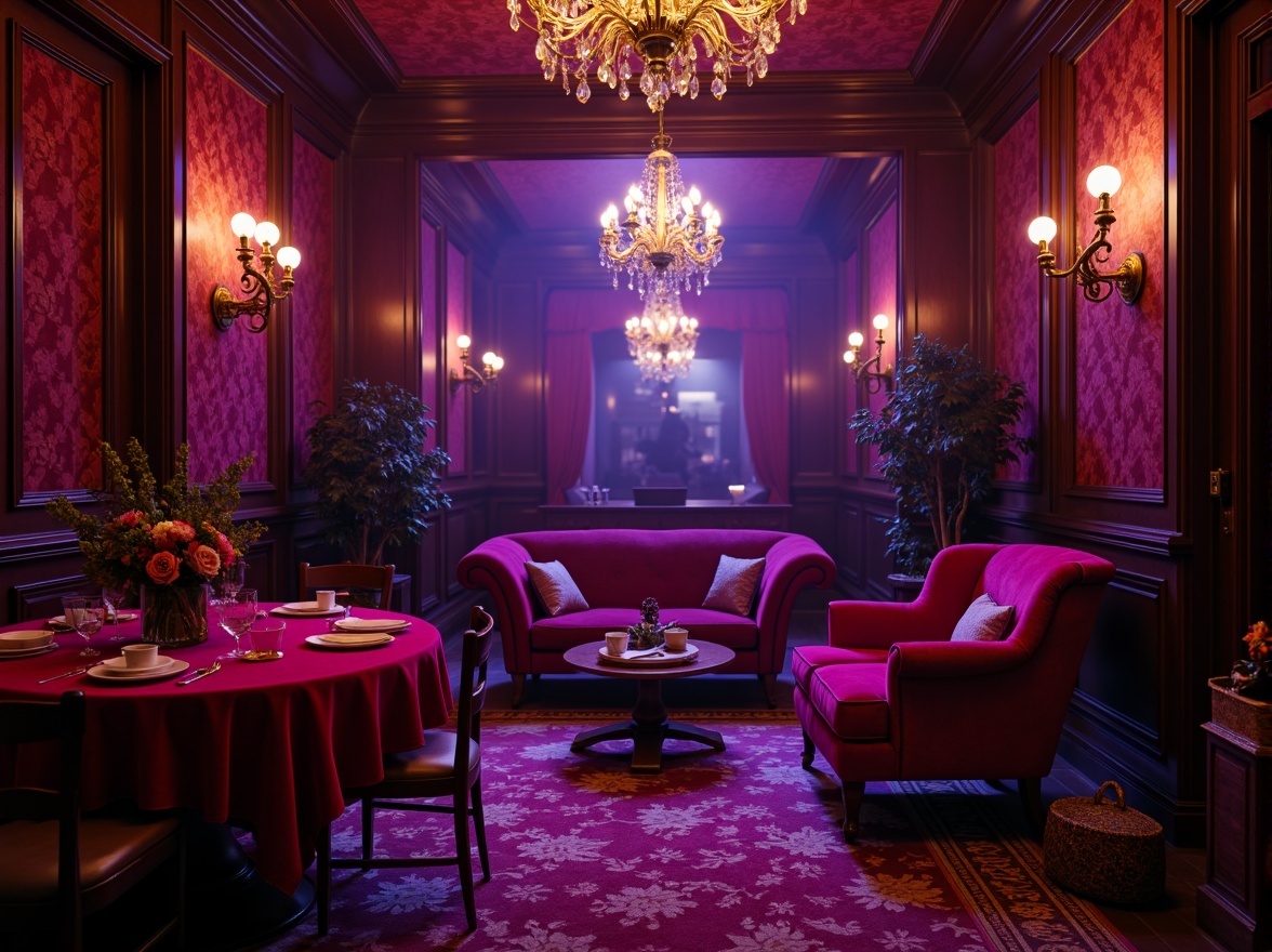 Prompt: Vibrant heliotrope accents, rich burgundy tones, deep plum hues, luxurious jewel-toned furniture, opulent velvet textiles, ornate golden fixtures, lavish crystal chandeliers, dramatic dark wood paneling, mysterious purple twilight, soft warm spotlighting, cinematic shallow depth of field, 1/2 composition, romantic atmosphere, nostalgic vintage charm.