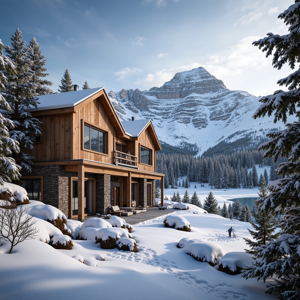 Prompt: Snow-capped mountains, wooden ski lodges, rustic stone walls, earthy tone colors, natural textures, warm cozy atmosphere, large windows, panoramic views, modern minimalist design, sustainable materials, reclaimed wood accents, metal beams, exposed ductwork, industrial chic lighting, frosty mornings, soft powdery snow, frozen lakes, winter sports equipment, ski lifts, snowshoes, icy peaks, misty valleys, 3/4 composition, shallow depth of field, realistic reflections.