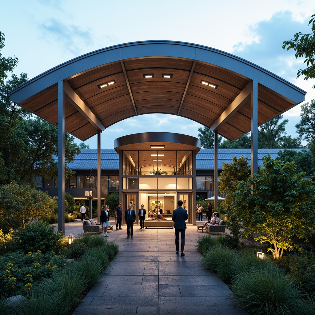 Prompt: Curved rooflines, cantilevered canopies, open-air pavilion, international style architecture, modern minimalism, sleek metallic frames, glass roofing, natural ventilation systems, solar panels integration, green roofs, lush vegetation, ambient outdoor lighting, soft warm glow, shallow depth of field, 1/1 composition, realistic reflections, high-dynamic-range imaging.