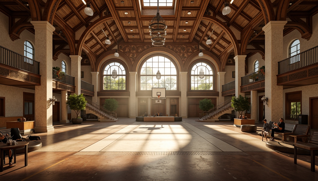 Prompt: Grand Renaissance gymnasium, majestic arches, ornate stone carvings, rusticated columns, vaulted ceilings, sweeping staircases, grandiose chandeliers, polished marble floors, rich wooden paneling, athletic equipment, basketball courts, running tracks, jumping pits, spectator seating, natural light pouring in, warm golden lighting, soft focus, atmospheric perspective, 1/1 composition, symmetrical framing, realistic textures, subtle ambient occlusion.