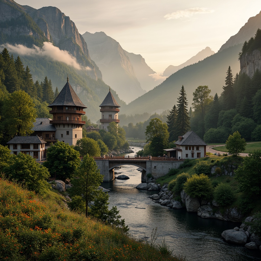 Prompt: Majestic watching towers, harmonious landscape integration, serene mountainous backdrop, lush green forests, meandering rivers, rustic stone walls, wooden bridges, vibrant wildflowers, misty dawn atmosphere, warm golden lighting, shallow depth of field, 1/2 composition, realistic textures, ambient occlusion.