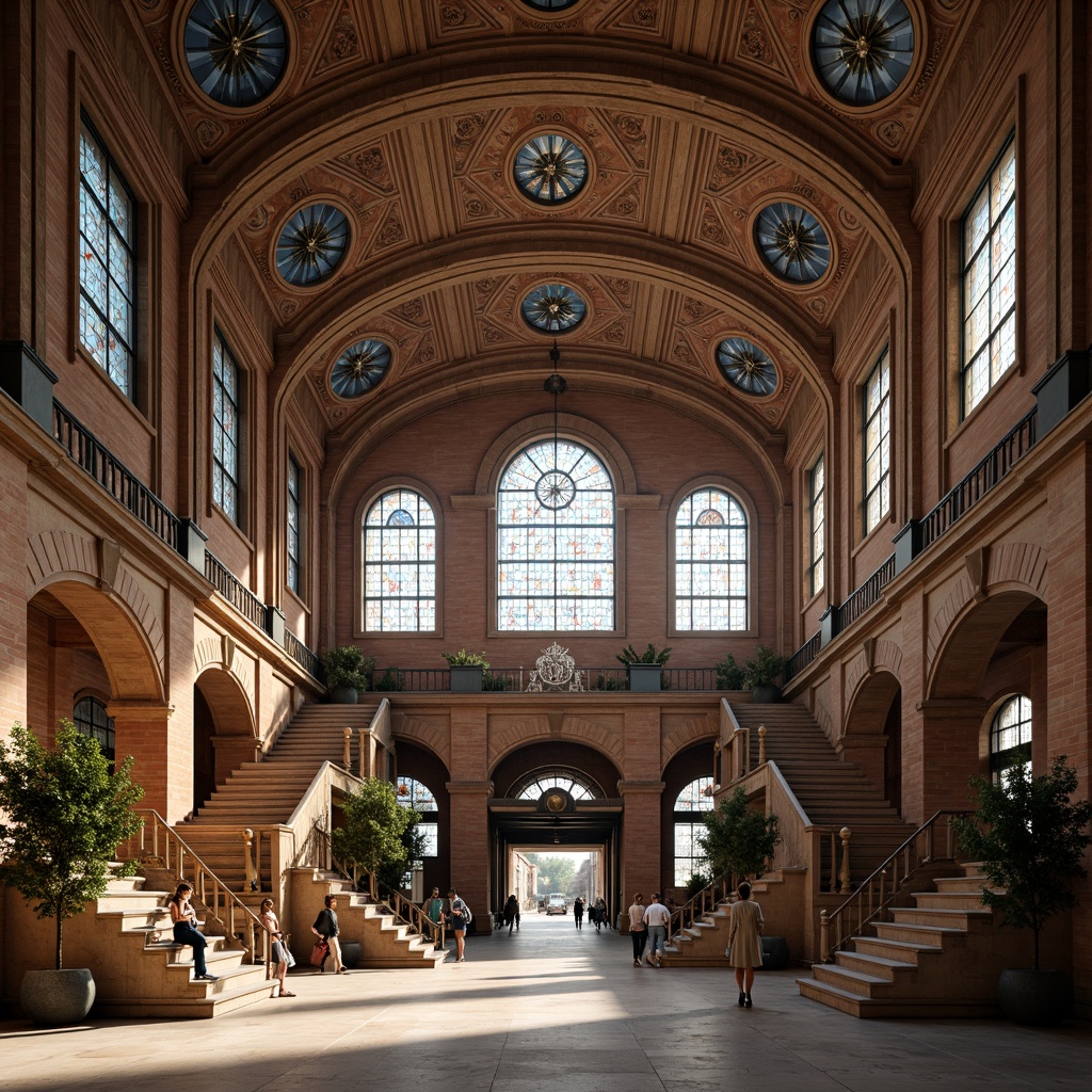 Prompt: Grandiose train station, Romanesque architectural style, ornate stone carvings, rusticated arches, grand entrance halls, sweeping staircases, high ceilings, intricate mosaics, vibrant stained glass windows, ornamental clock towers, imposing fa\u00e7ade, majestic columns, rustic brickwork, earthy tones, natural light pouring in, warm afternoon sun, soft shadows, shallow depth of field, 1/1 composition, symmetrical view, realistic textures, ambient occlusion.