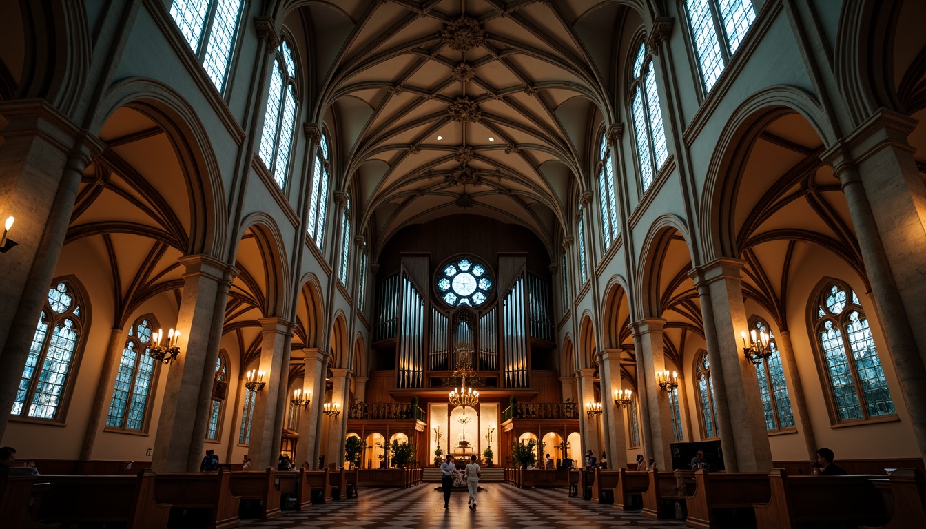 Prompt: Grandiose Gothic church interior, vaulted ceilings, ribbed arches, stained glass windows, intricate stone carvings, ornate chandeliers, majestic organ pipes, polished marble floors, dimly lit nave, soft warm lighting, high-angle shot, dramatic shadows, detailed textures, ambient occlusion.