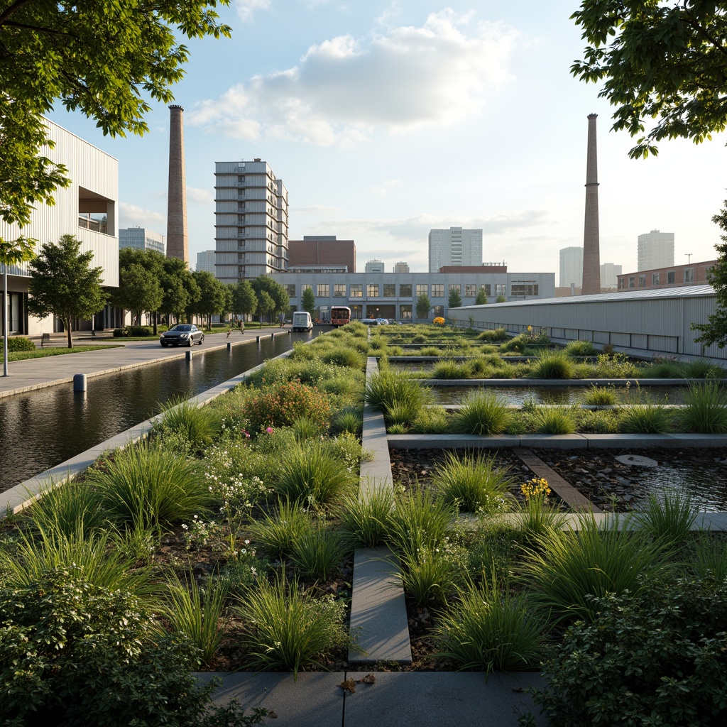 Prompt: Industrial factory surroundings, lush green roofs, vertical gardens, hydroponic systems, living walls, native plant species, rainwater harvesting, permeable pavement, urban agriculture, eco-friendly materials, minimal waste design, natural ventilation systems, abundant sunlight, soft diffused lighting, shallow depth of field, 1/1 composition, realistic textures, ambient occlusion.