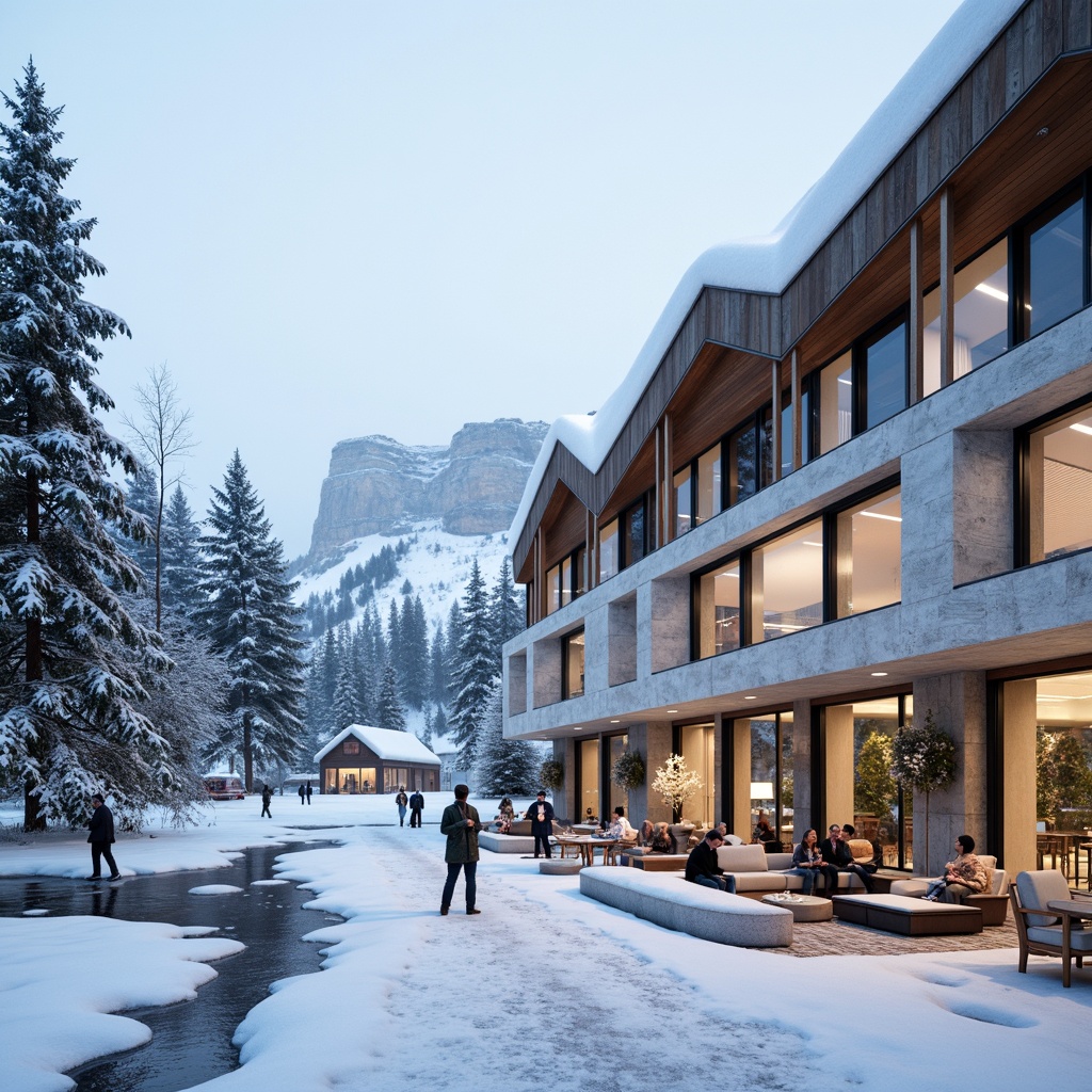 Prompt: Snow-capped mountains, frozen lake, pine trees, modern ski center, angular lines, minimalist design, white stone fa\u00e7ade, large glass windows, metal accents, sloping roofs, snowflake-inspired patterns, warm cozy interior lighting, wooden textures, comfortable seating areas, rustic-chic decorations, natural material palettes, Nordic-inspired color schemes, soft afternoon sunlight, shallow depth of field, 3/4 composition, panoramic view, realistic snowfall effects.