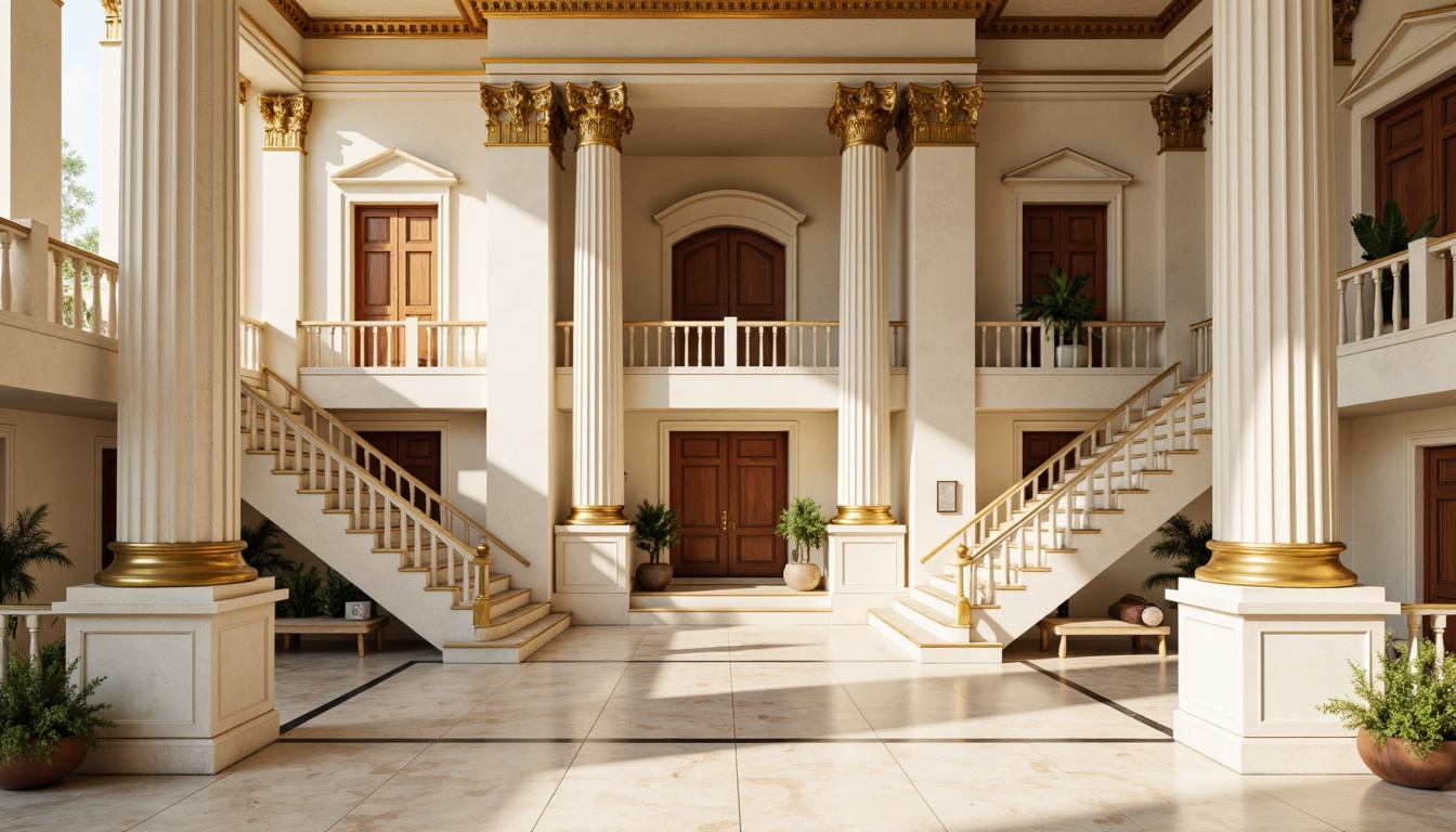 Prompt: \Elegant neoclassical architecture, creamy white marble columns, ornate gold details, soft beige stucco walls, grandiose sweeping staircases, intricate moldings, rich brown wood accents, warm golden lighting, subtle texture overlays, highly detailed ornaments, symmetrical compositions, classic proportions, 3/4 perspective view, realistic ambient occlusion, afternoon warm sunlight, shallow depth of field.\