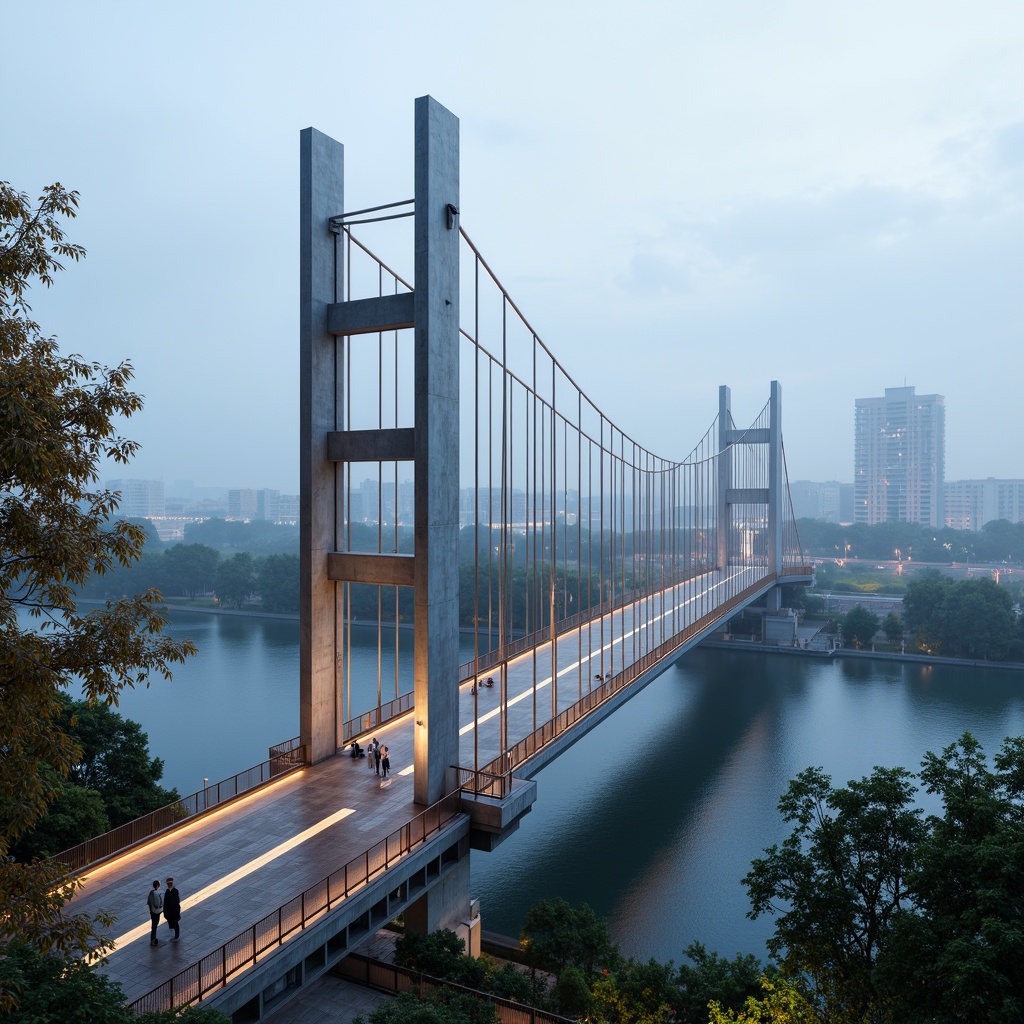 Prompt: Sleek bridge design, futuristic architecture, gleaming steel cables, durable concrete piers, sustainable bamboo decking, translucent glass railings, vibrant LED lighting, urban cityscape, misty morning atmosphere, shallow depth of field, 3/4 composition, panoramic view, realistic textures, ambient occlusion, innovative composite materials, high-strength carbon fiber, advanced polymer coatings, energy-harvesting piezoelectric sensors.