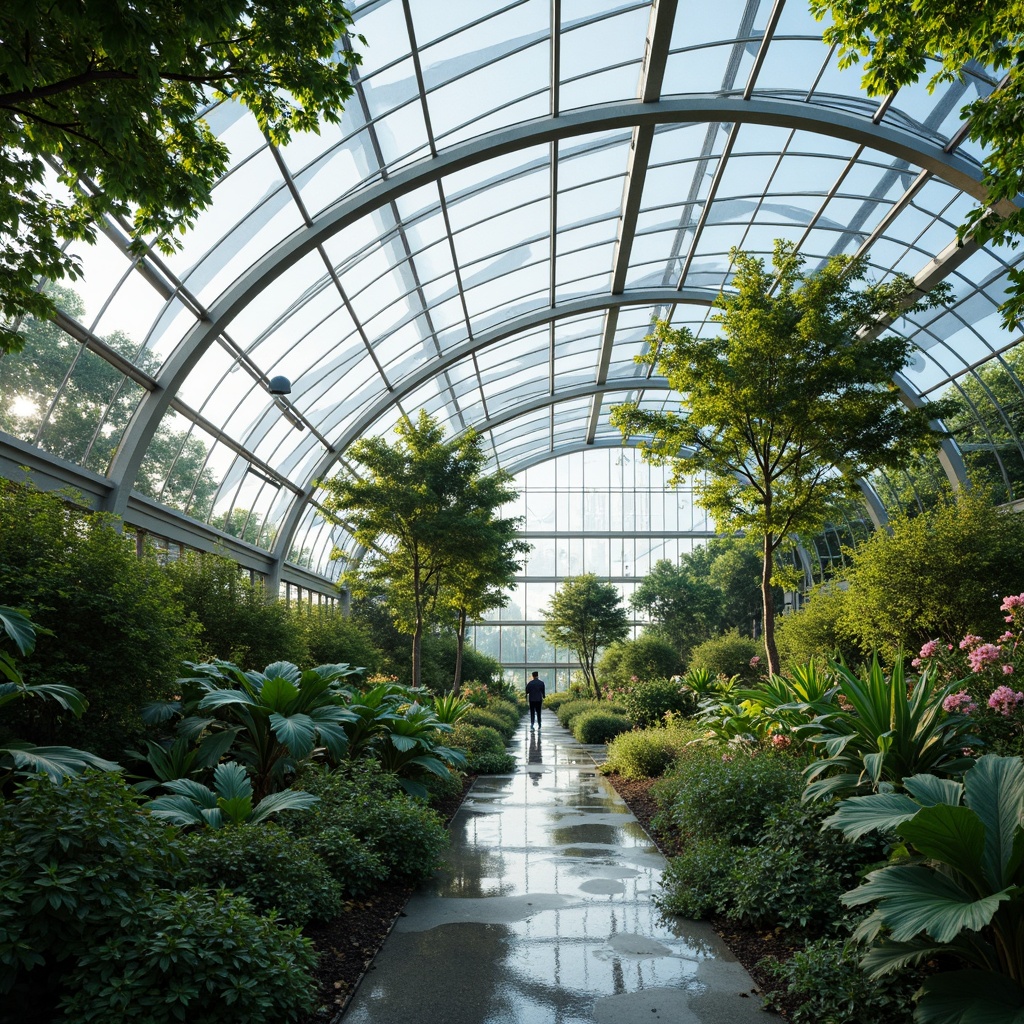 Prompt: Translucent greenhouse, lush tropical plants, natural ventilation, curved glass roofs, steel frames, minimal ornamentation, maximized daylight, transparent walls, reflective surfaces, futuristic aesthetic, sustainable materials, recycled components, energy-efficient systems, automated climate control, misting irrigation, subtle shading devices, soft diffused lighting, shallow depth of field, 1/1 composition, panoramic view, realistic reflections, ambient occlusion.