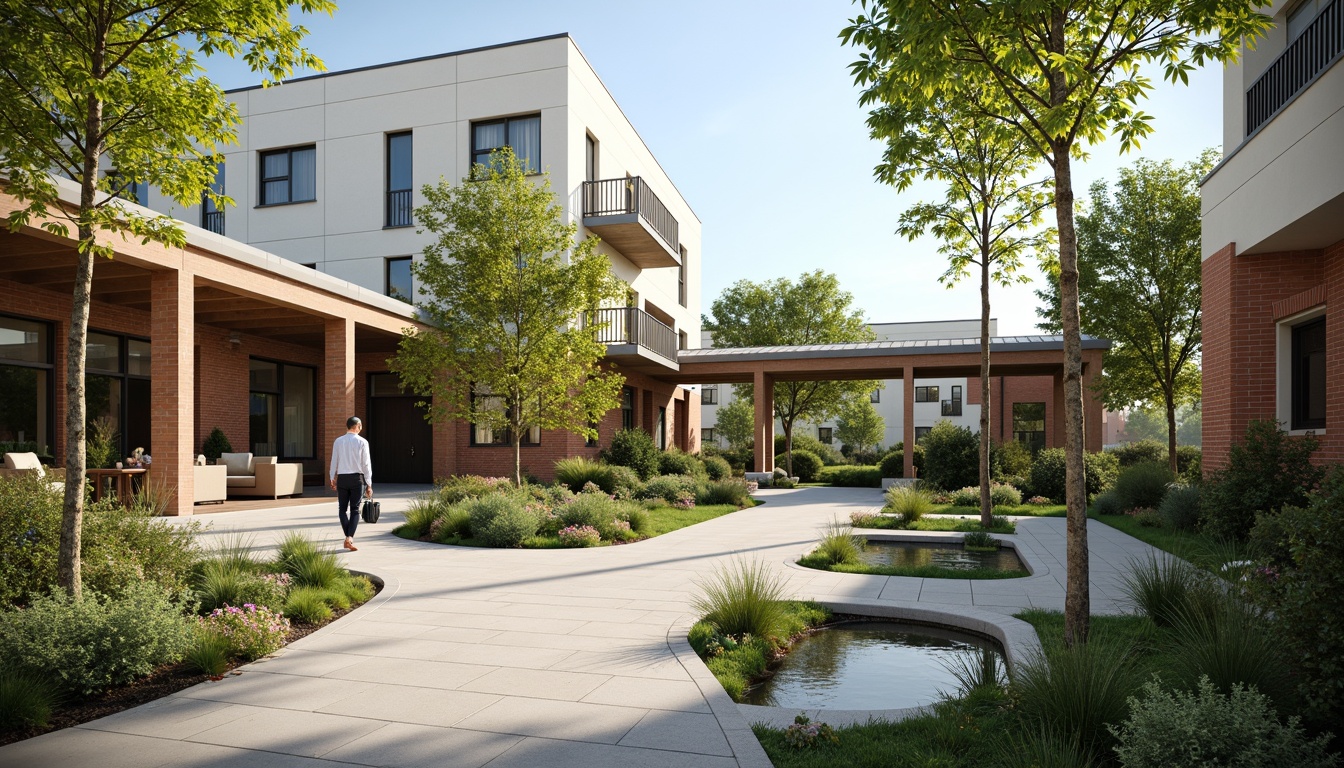 Prompt: Soothing hospital courtyard, lush green roofs, natural stone walls, serene water features, calming gardens, wheelchair-accessible pathways, modern medical facilities, large windows, abundant natural light, gentle warm colors, minimalist decor, comfortable seating areas, healing art installations, peaceful ambiance, shallow depth of field, 3/4 composition, panoramic view, realistic textures, ambient occlusion.