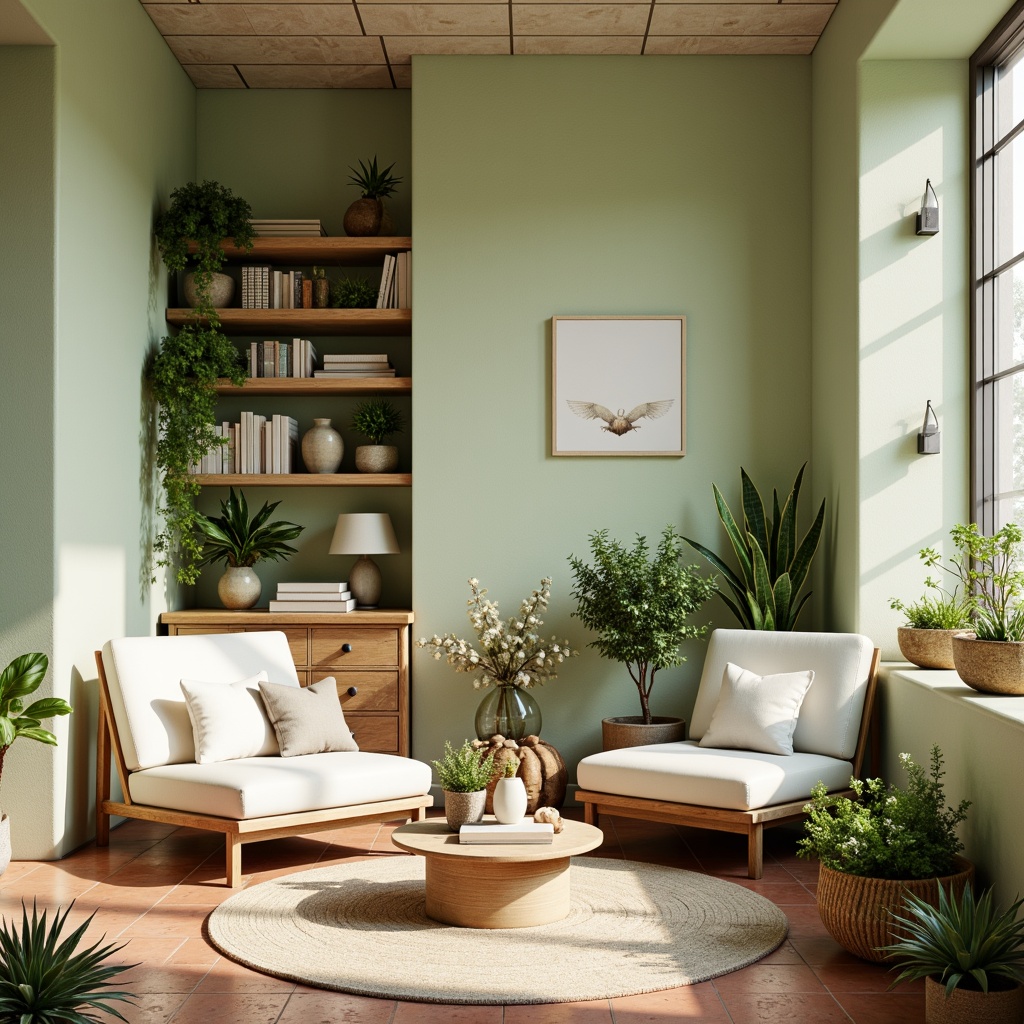 Prompt: Soft pale green walls, creamy whites, warm beige tones, natural wood accents, rustic metal fixtures, earthy terracotta floors, lush greenery, blooming flowers, serene atmosphere, soft diffused lighting, 1/1 composition, realistic textures, ambient occlusion, cozy reading nooks, comfortable furnishings, organic shapes, botanical patterns, delicate lines, subtle color gradations.