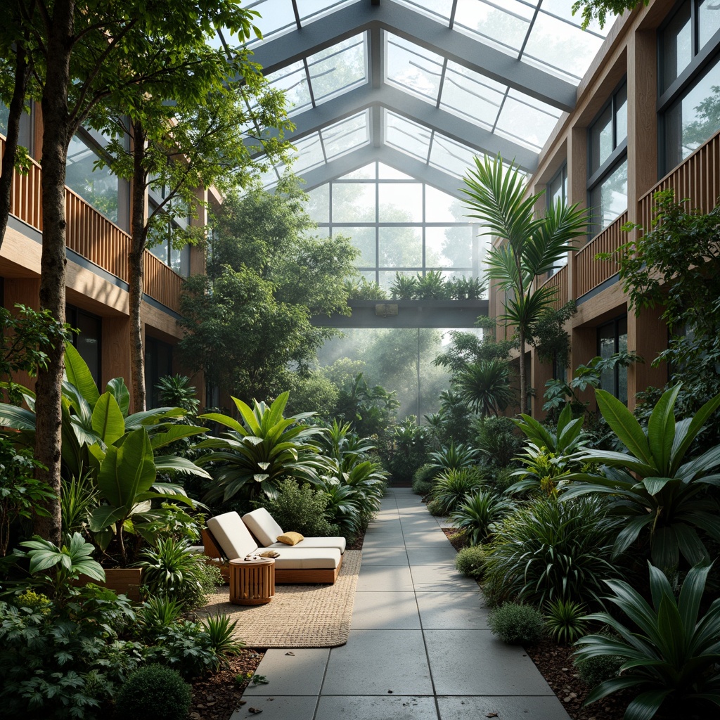 Prompt: Vibrant botanical greenhouse, lush tropical plants, misty atmosphere, natural stone walls, wooden accents, modern minimalist furniture, floor-to-ceiling glass windows, abundant natural light, warm soft illumination, 1/1 composition, shallow depth of field, realistic textures, ambient occlusion, calming color palette, earthy tones, muted greens, blues, and yellows, subtle gradient effects, organic shapes, intricate leaf patterns.