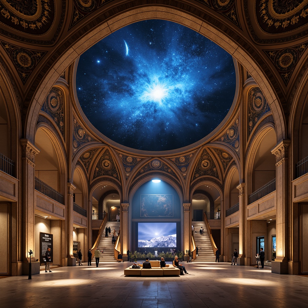 Prompt: Celestial planetarium dome, Romanesque arches, ornate stone carvings, grandiose entrance halls, sweeping staircases, intricate mosaics, starry night sky projections, ambient lighting effects, 3D astronomical displays, interactive exhibits, minimalist seating areas, polished marble floors, subtle warm color schemes, shallow depth of field, atmospheric fog effects, dramatic spotlights, cinematic composition.