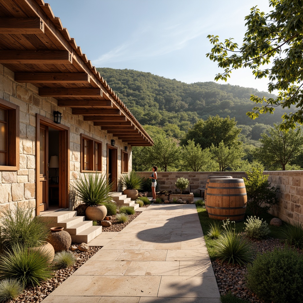 Prompt: Rustic winery, stone walls, wooden barrels, vintage wine-making equipment, earthy tones, natural textures, regional architectural styles, Mediterranean-inspired design, curved lines, terracotta roofing, lush green vineyards, rolling hills, warm sunny day, soft golden lighting, shallow depth of field, 1/1 composition, realistic materials, ambient occlusion.