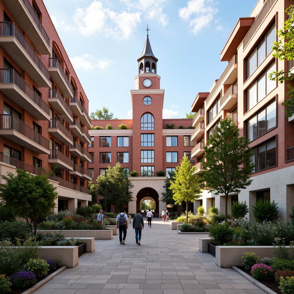 Prompt: Brick fa\u00e7ade, grand clock tower, columned entrance, ornate stonework, modern apartment buildings, social housing complex, accessible ramps, wheelchair-friendly facilities, community garden plots, vibrant street art, eclectic neighborhood vibe, natural stone paving, lush greenery, sunny day, soft warm lighting, shallow depth of field, 3/4 composition, panoramic view, realistic textures, ambient occlusion.