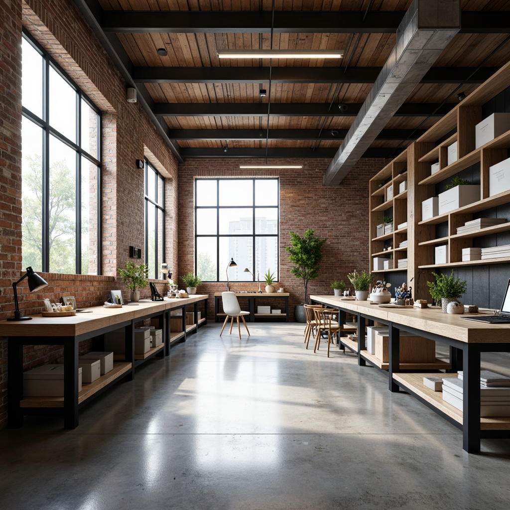 Prompt: Minimalist workshop space, industrial chic aesthetic, exposed brick walls, polished concrete floors, metal beams, sleek wooden workbenches, modern task lamps, sparse greenery, natural light pouring in, floor-to-ceiling windows, neutral color palette, monochromatic tones, functional minimal decor, geometric shapes, clean lines, open shelving units, organized tool storage, collaborative workspace atmosphere, warm softbox lighting, shallow depth of field, 1/1 composition, realistic textures, ambient occlusion.