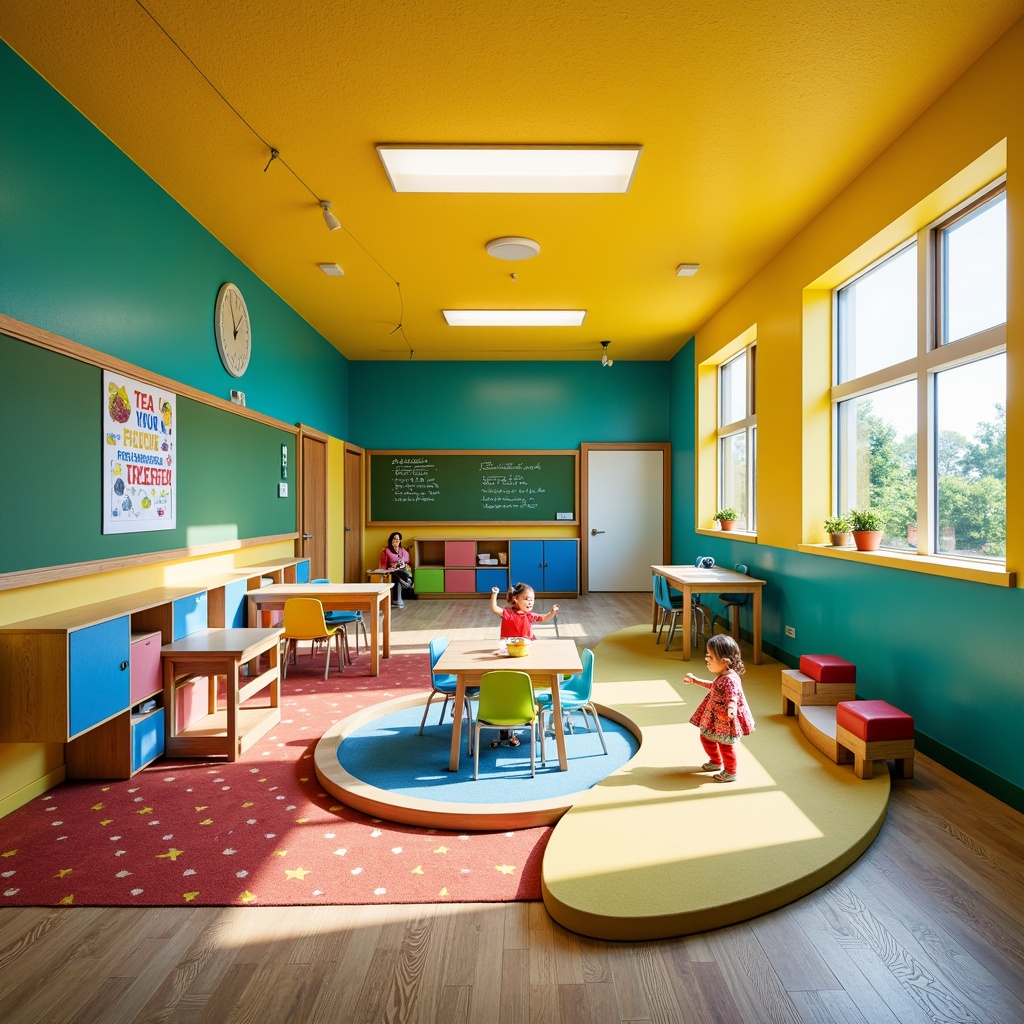 Prompt: Vibrant elementary school, playful kindergarten classroom, bright yellow walls, turquoise blue accents, green chalkboards, colorful lockers, wooden desks, ergonomic chairs, fun patterned rugs, educational posters, interactive whiteboards, natural light pouring in, large windows, open floor plan, collaborative learning spaces, dynamic color blocking, bold typography, whimsical illustrations, cheerful atmosphere, warm sunny day, soft box lighting, 1/2 composition, shallow depth of field, realistic textures, ambient occlusion.