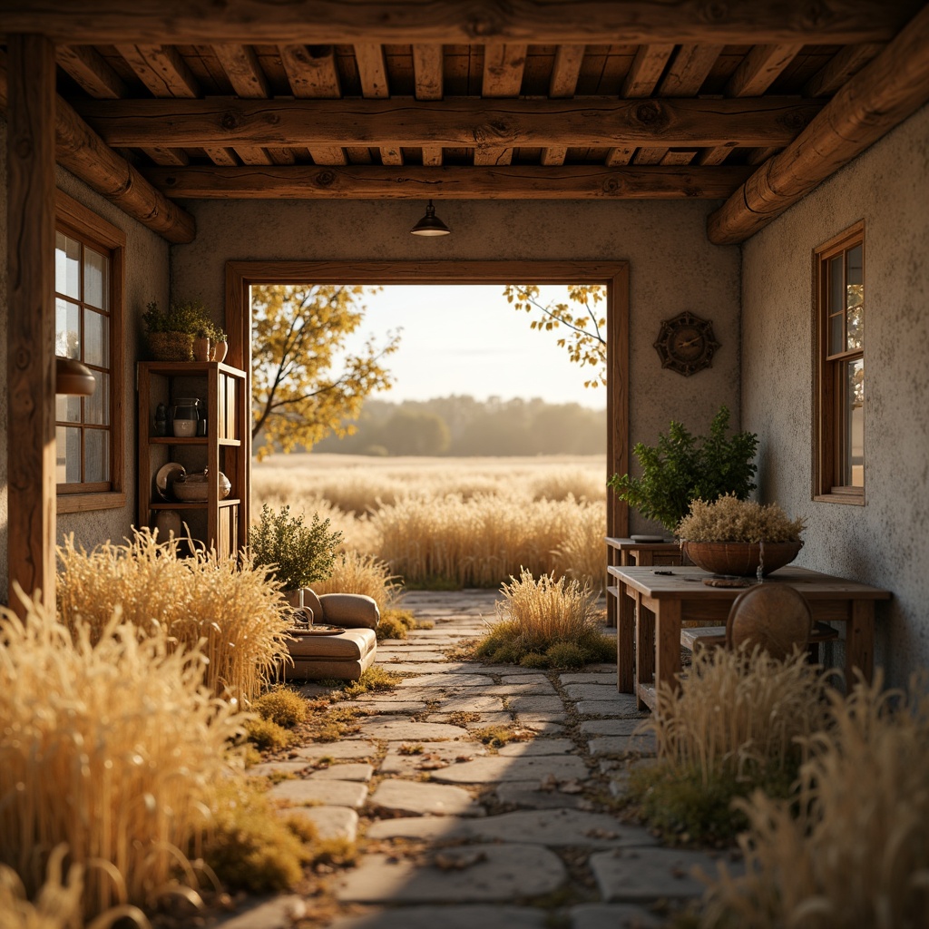 Prompt: Earthy wheat fields, warm golden hues, soft beige tones, natural textures, rustic wooden accents, vintage farm equipment, distressed stone walls, cozy country atmosphere, morning sunlight, shallow depth of field, 1/1 composition, realistic grain details, ambient occlusion.