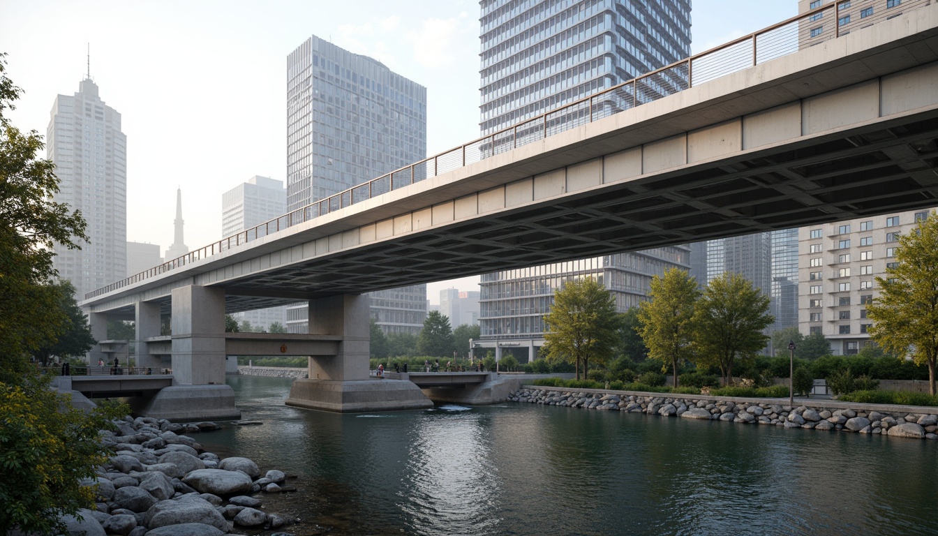 Prompt: Sleek modern bridge, silver metallic structure, bold linear lines, minimalist design, industrial materials, urban cityscape, misty morning atmosphere, soft warm lighting, shallow depth of field, 3/4 composition, panoramic view, realistic reflections, ambient occlusion, neutral color palette, gray concrete piers, blue-gray steel beams, creamy white railings, dark bronze accents, rich wood tones, vibrant greenery, lush riverbanks, serene water flow.