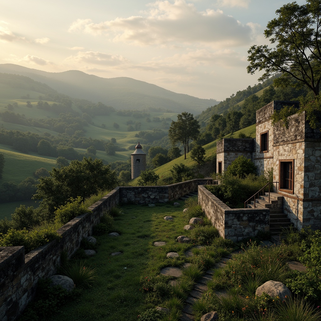 Prompt: Rolling hills, serene countryside, ancient watching towers, rustic stone walls, overgrown vegetation, mysterious abandoned structures, foggy misty mornings, golden hour soft lighting, shallow depth of field, 1/2 composition, cinematic atmosphere, realistic textures, ambient occlusion, worn wooden doors, ivy-covered facades, weathered stone staircases, scenic vistas, dramatic cloud formations.