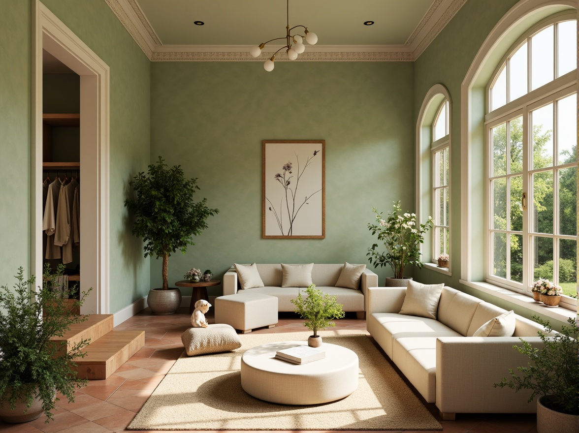 Prompt: Soft pale green walls, natural wood accents, creamy white trim, earthy terracotta floors, lush greenery, delicate florals, warm beige upholstery, subtle golden lighting, shallow depth of field, 1/1 composition, intimate atmosphere, realistic textures, ambient occlusion.