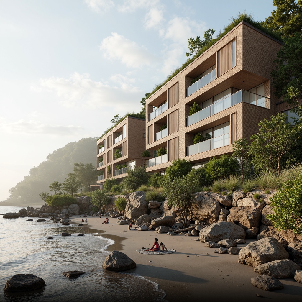 Prompt: Sustainable coastal development, eco-friendly architecture, ocean-inspired design, wave-patterned facades, sea-salt weathered wood, driftwood accents, coral reef-inspired structures, tidal pool features, beachy dunes, coastal vegetation, mangrove forests, sandy shores, misty mornings, soft warm lighting, shallow depth of field, 3/4 composition, panoramic view, realistic textures, ambient occlusion.