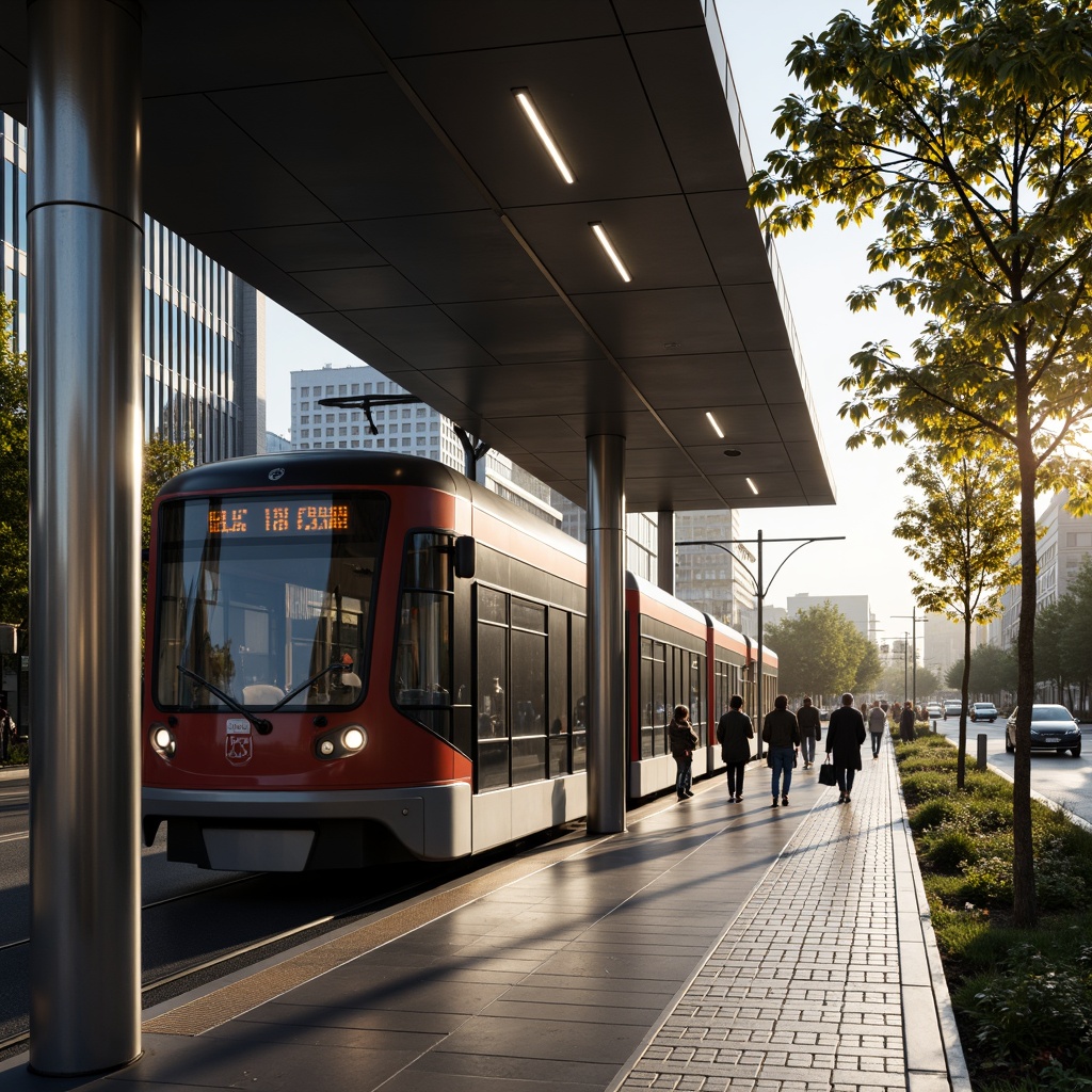 Prompt: Modern tram station, sleek metal columns, brushed aluminum finishes, stainless steel accents, industrial-style lighting, urban landscape, busy city streets, morning rush hour, soft warm glow, shallow depth of field, 1/2 composition, realistic reflections, ambient occlusion.