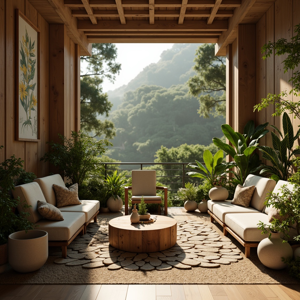 Prompt: Organic shapes, botanical patterns, natural materials, earthy tones, wooden accents, stone textures, woven fibers, floral arrangements, leaf-inspired details, nature-infused color palette, serene atmosphere, soft warm lighting, shallow depth of field, 3/4 composition, panoramic view, realistic textures, ambient occlusion.