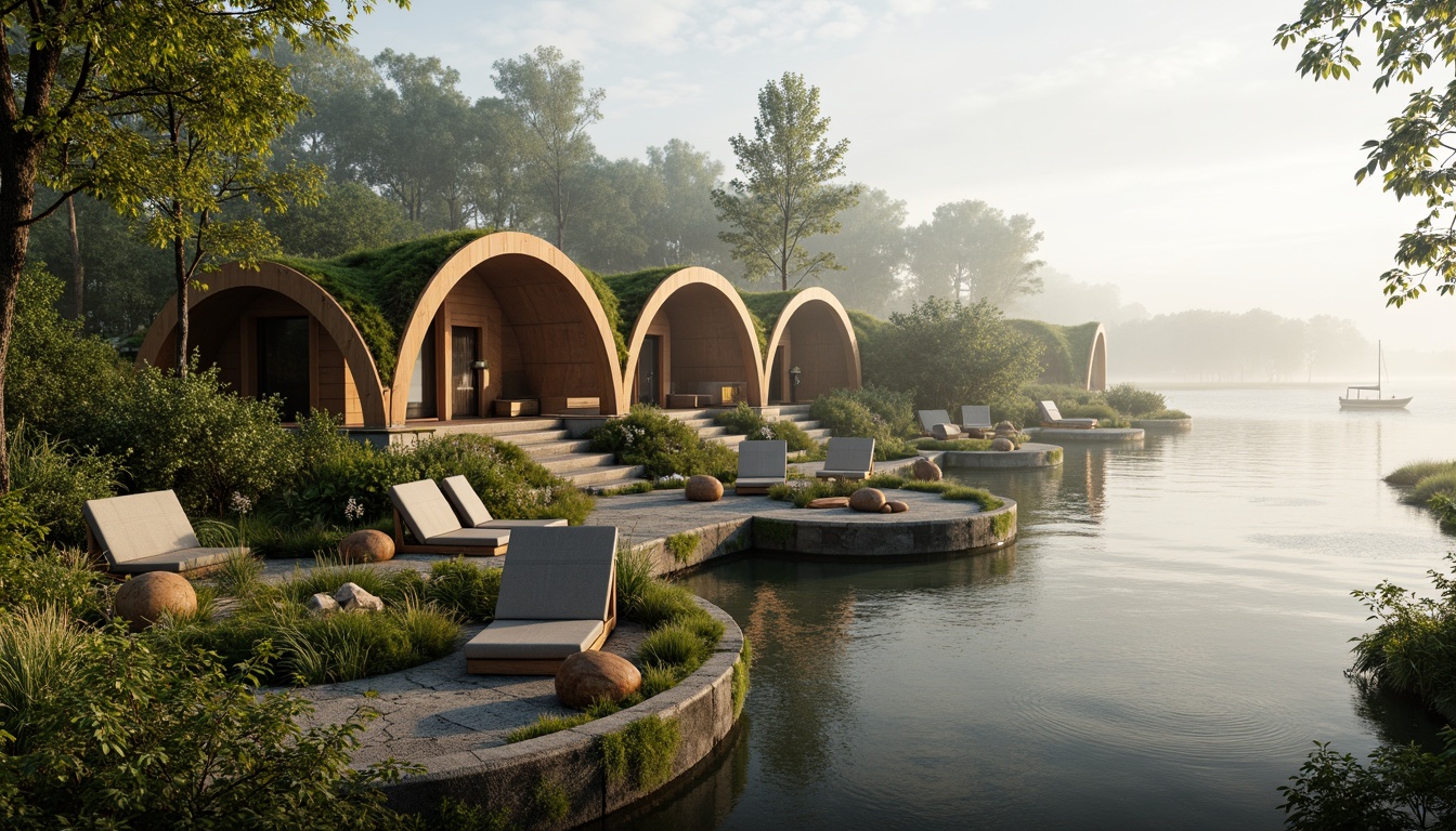 Prompt: Curved boathouse, irregular shapes, natural materials, reclaimed wood accents, living roofs, lush greenery, waterfront views, serene lake scenes, misty morning atmosphere, soft warm lighting, shallow depth of field, 1/1 composition, realistic textures, ambient occlusion, organic forms, blob-like structures, playful rounded edges, whimsical design elements, earthy color palette, moss-covered surfaces, weathered wood tones, intricate branch patterns.