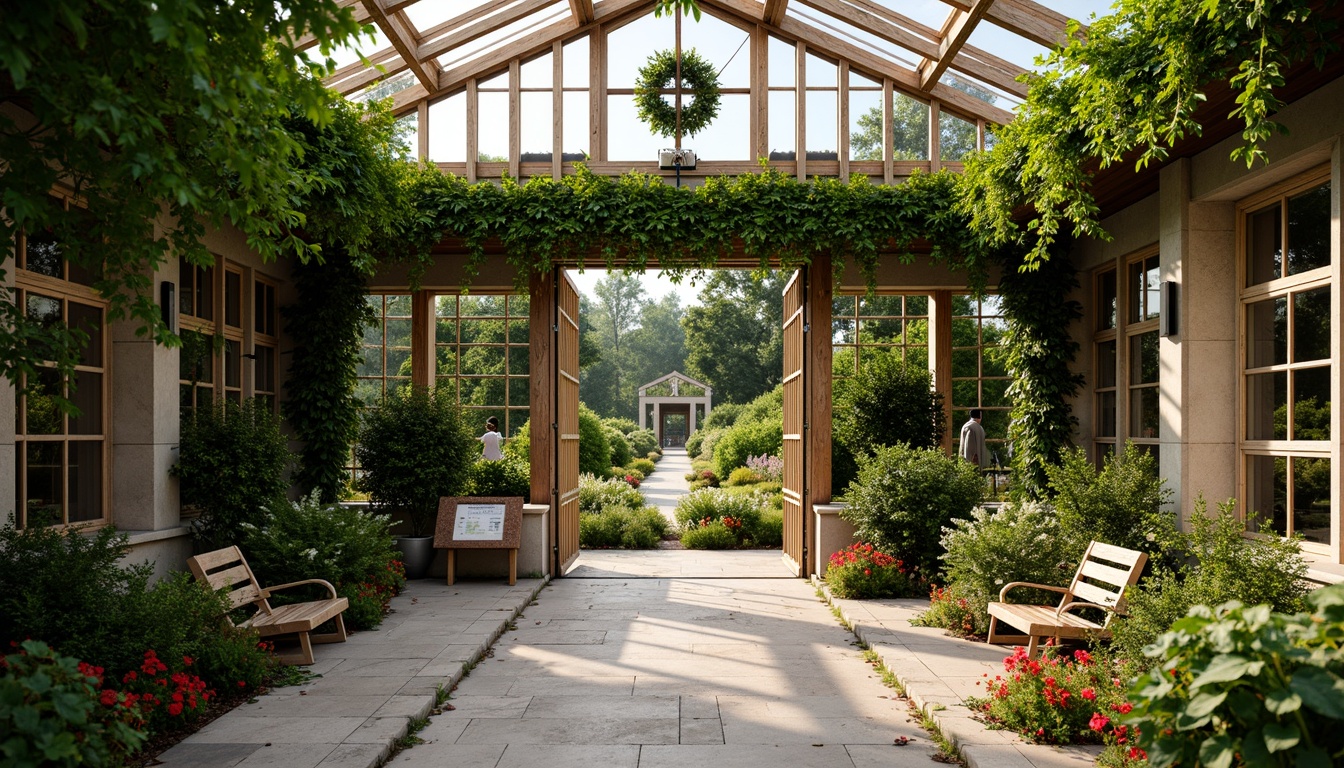 Prompt: Lush botanical garden, ivy-covered stone walls, wooden trellises, Victorian-style greenhouses, ornate metal gates, meandering pathways, rustic benches, vibrant flowerbeds, educational signage, natural stone flooring, glass roofs, soft warm lighting, shallow depth of field, 3/4 composition, panoramic view, realistic textures, ambient occlusion.