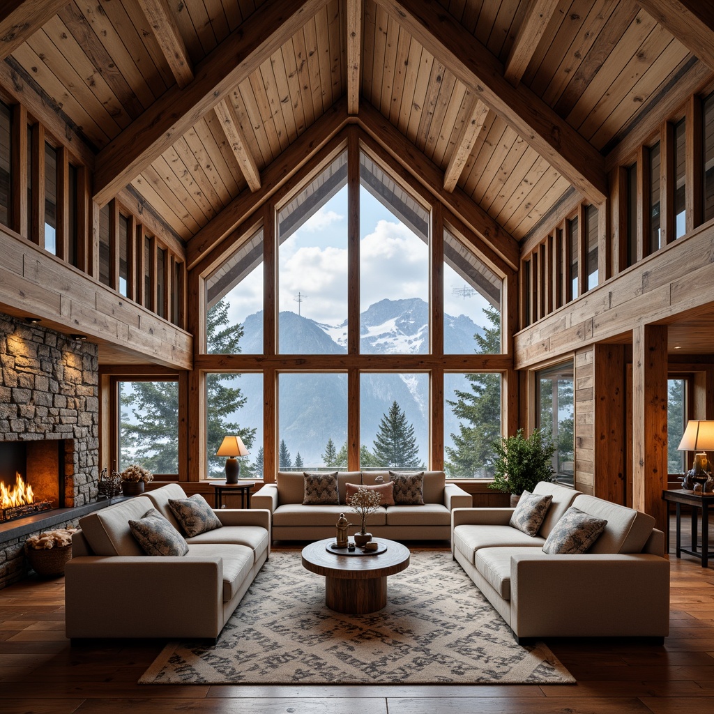 Prompt: Cozy ski lodge, rustic wooden accents, stone fireplace, plush sofas, warm lighting, snowflake-patterned rugs, wooden ski racks, vintage ski equipment, modern ski lift models, wooden benches, snowy mountain views, large windows, natural wood tones, earthy color palette, ambient occlusion, 1/2 composition, soft focus effect, realistic textures.